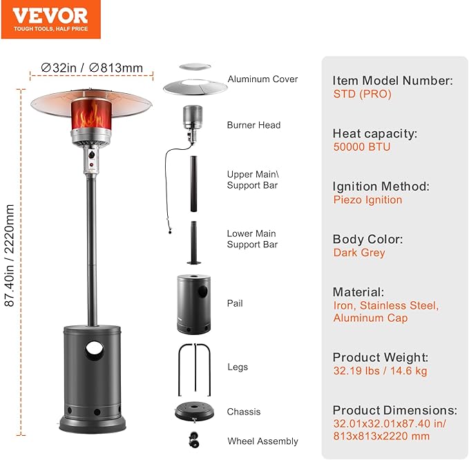 VEVOR 50000BTU Propane Patio Heater for Outdoor Use With Round Table Design, Metal Burner and Wheels - Tall Hammered Flame Heater for Party, Backyard, Garden, Silver Gray