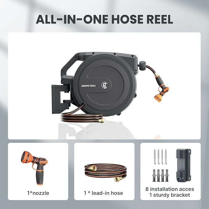 Giraffe Tools AW30 Wall Mounted 1/2" x 100 ft Garden Hose Reel, Retractable Water Hose Reel, Automatic Rewind & Lock at Any Length - Image 2