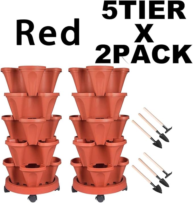 GameXcel Vertical Planter Tower - 5 Tier Stackable Garden Planters with Wheels and Tools Plant Pots for Strawberry Herb Flower and Vegetable Indoor Outdoor Use Red 2 Pack