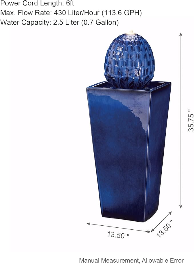 Glitzhome Water Fountain Outdoor with LED Light, Oversized Ceramic Pedestal Garden Fountains Outdoor, Artichoke Outdoor Fountains and Waterfalls Water Feature, Cobalt Blue, 35.75" H
