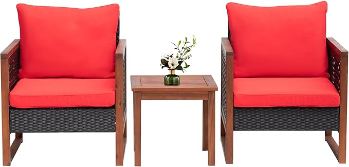 PayLessHere 3 Pieces Patio Set Wicker Patio Furniture Acacia Wood Outdoor Patio Furniture Set Rattan Chair Conversation Sets Bistro Set with Coffee Table and Water Resistant Cushions(Red)