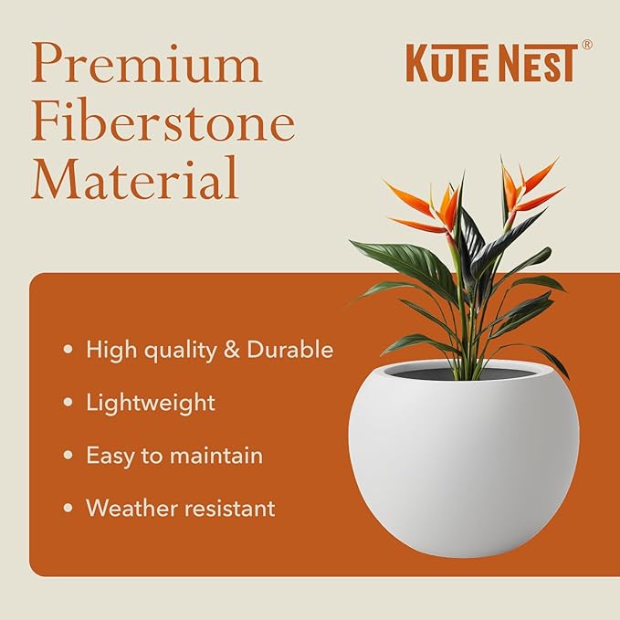 9.7" H x 12" D Premium Globo Fiberstone Round Planter with Drainage Hole, Weather Resistant for Indoor & Outdoor Use, Included 2 Extra Coco Mats (Light French Gray, 7.8" Pot Opening)