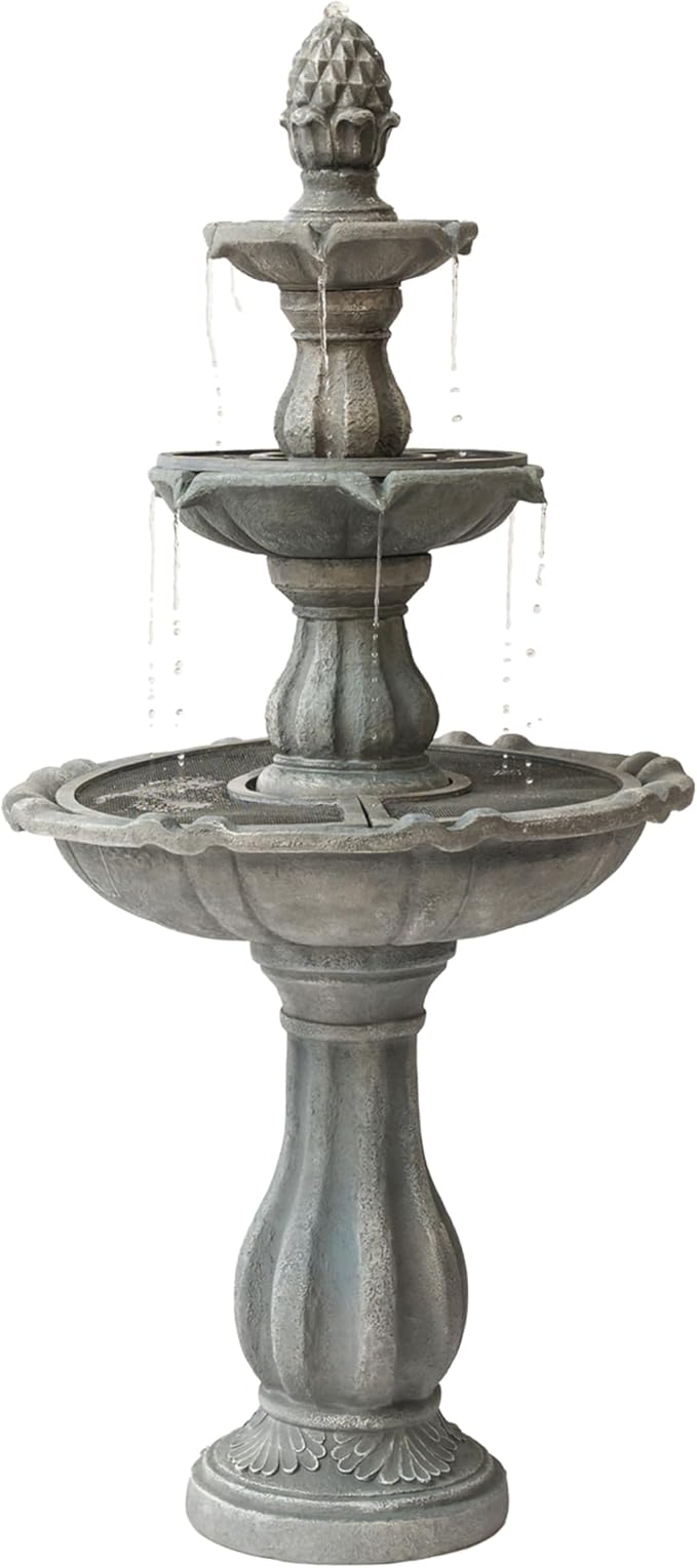XBrand 51" 3-Tier Outdoor Freestanding Waterfall Fountain with Pump and Pineapple Finial, Gray