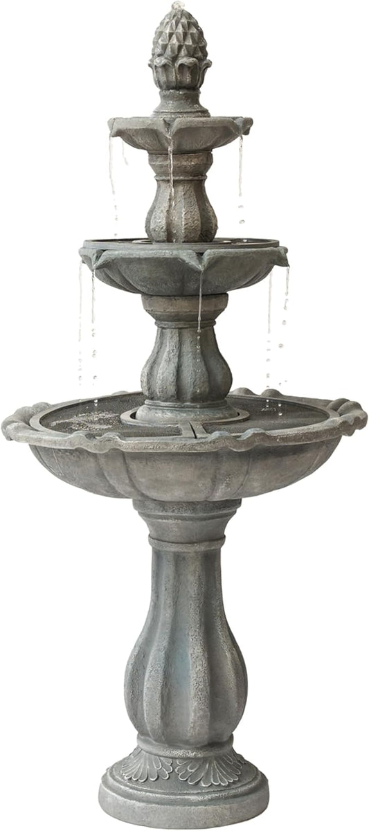 XBrand 51" 3-Tier Outdoor Freestanding Waterfall Fountain with Pump and Pineapple Finial, Gray
