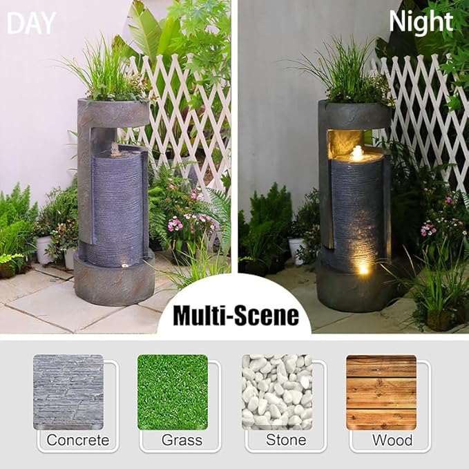 35.9" Tall Modern Indoor/Outdoor Water Fountain with LED Lights and Pump, Freestanding Cascading Waterfall Feature for Garden, Patio, Porch, Yard & Deck Décor – Gray