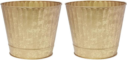 Hosley Metal Planters Pack of 2, Ideal Farmhouse Decor for Floral Arrangements Weddings, Gift Special Events Parties Outdoor Planters Gold 7" Dia x 6" H