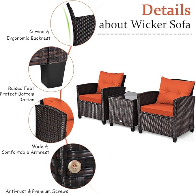 RELAX4LIFE 3 Piece Patio Furniture Set, Wicker Bistro Conversation Set w/2 Cushioned Armchairs & Glass Topped Table, Outdoor Rattan Sofa Set Patio Furniture for Porch Balcony Poolside (Orange)
