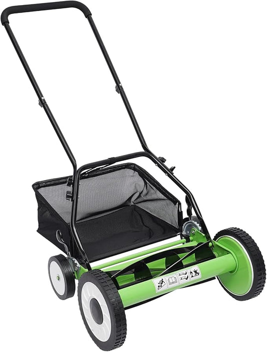 16-Inch 5-Blade Cordless Manual Reel Lawn Mower, Adjustable Cutting Height Manual Reel Mower with Removable Grass Collection Basket, 4 Wheels by Silencear