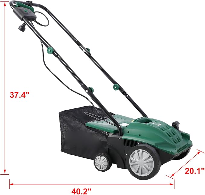 13" Electric Dethatcher and Scarifier 12 Amp Lawn Dethatcher with 31.7QT Collection Bag 2-in-1 Thatcher for Lawn Turf Vacuum for Artificial Grass Green - Image 8