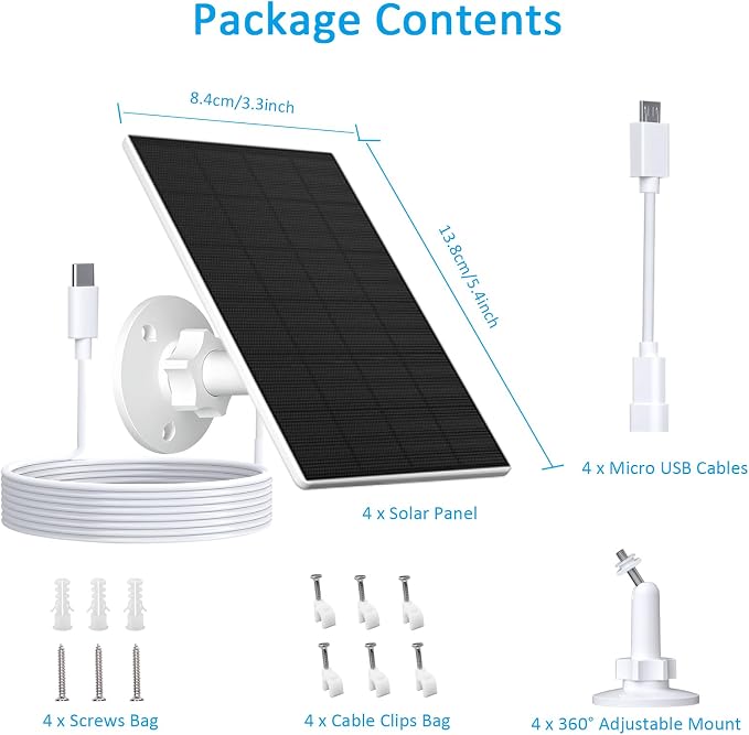 2W Solar Panel for Security Camera Outdoor, USB/USB-C Charger with IP65 Waterproof, 360° Adjustable Mount & 7.2ft Cable, Compatible with Rechargeable Battery Cameras (4 Pack, White) - Image 2