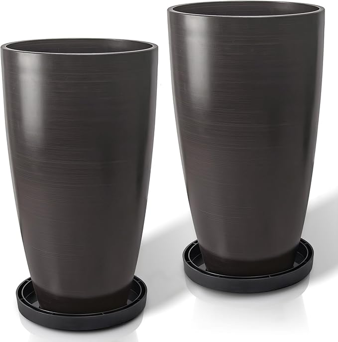 ZMTECH 21 Inch Tall Outdoor Planters Set of 2 Round Tall Plant Pots for Outdoor/Indoor with Shelf Inset, Dark Brown Glossy Smooth Finish - Large Plastic Pots with Drainage Holes for Front Porch Patio
