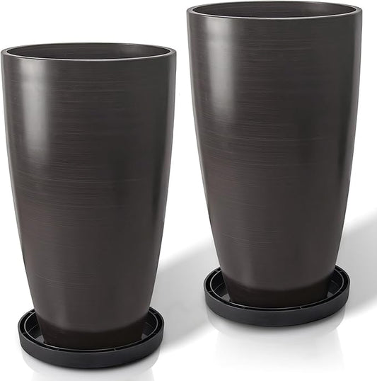ZMTECH 21 Inch Tall Outdoor Planters Set of 2 Round Tall Plant Pots for Outdoor/Indoor with Shelf Inset, Dark Brown Glossy Smooth Finish - Large Plastic Pots with Drainage Holes for Front Porch Patio