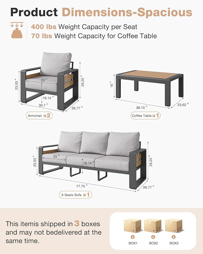Aoxun Aluminum Patio Furniture Set, 5 Seats Luxury Outdoor Sectional with 6" Olefin Fabric Cushions, Patio Conversation Sets with Coffee Table Outdoor Sofas for Backyard, Deck, Porch Light Grey