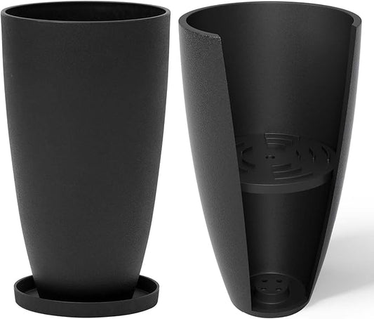 LA JOLIE MUSE 20inch Tall Planters Set of 2,Black Indoor/Outdoor Planters with Trays,Tree Plant Pots for Front Door,Patio and Deck