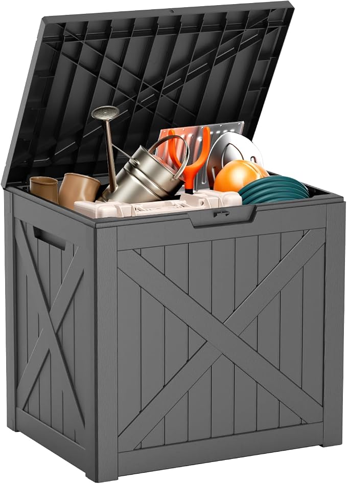 EasyUp 32 Gallon Outdoor Storage Box, Resin Waterproof UV-Resistant Deck Box, Reinforced Stability for Patio, Garden, and Poolside, X-Design Black by EASYUP