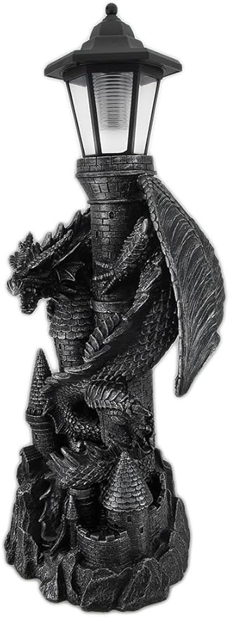Zeckos 'Keeper of The Castle' Medieval Dragon Statue with Solar-Powered LED Lantern - 21 Inches High - Majestic Outdoor Decor Symbolizing Protection and Gothic Enchantment
