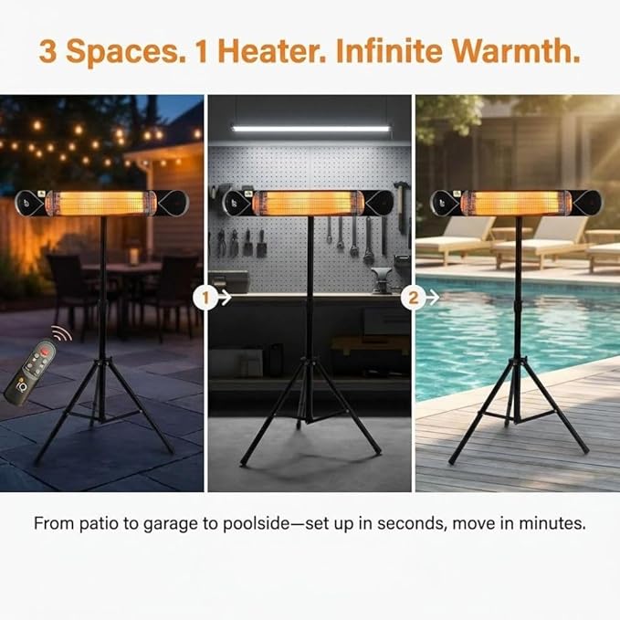 Wave 1500W Carbon Infrared Heater - Wall-Mounted & Freestanding with Remote - Quiet & Weatherproof for Indoor/Outdoor Use - Experience Next-Level, Efficient Heating