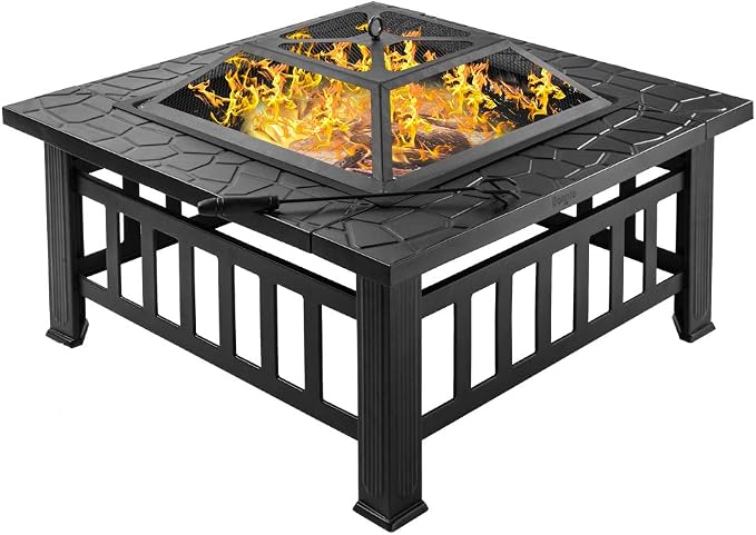 Bonnlo 32” Metal Porch Fire Pit Outdoor Square Poatable Wood Burning Table- Includes Mesh Spark Screen Top, Waterproof Cover and Poker for Camping Patio Backyard Bonfire Fireplace - Image 5