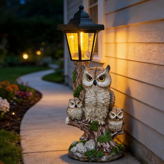 Solar Garden Owl Statue Lights,Large Owl Figure with Solar Lights Lantern,for Outdoor Landscapes, Courtyards, Paths,Outside Patio Lawn Sculpture Decorated，Gifts for Women, Owl Lover