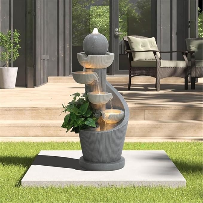 LuxenHome Outdoor Water Fountain, 29 Inch Resin Cascading Water Fountains Indoor with LED Lights, Modern Garden Decor, Small Waterfall Fountain, Outdoor Fountains and Waterfalls