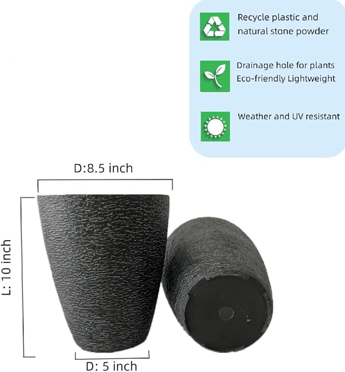 10 inch Garden Planter Lightweight Indoor Outdoor Pots with Drainage Hole for Potted Plants Flowers Greenery, Set of 2 (Black Grain Texture)