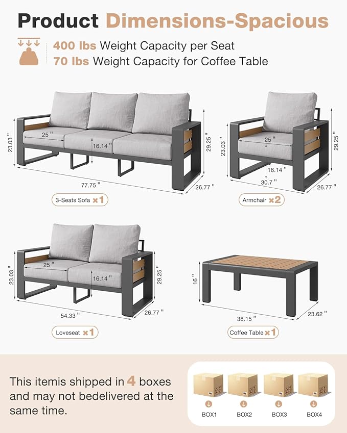 Aoxun Aluminum Patio Furniture Set, 5 Piece Luxury Outdoor Sectional with 6" Olefin Fabric Cushions, Patio Conversation Sets with Coffee Table and Waterproof Cover for Backyard, Porch Light Grey