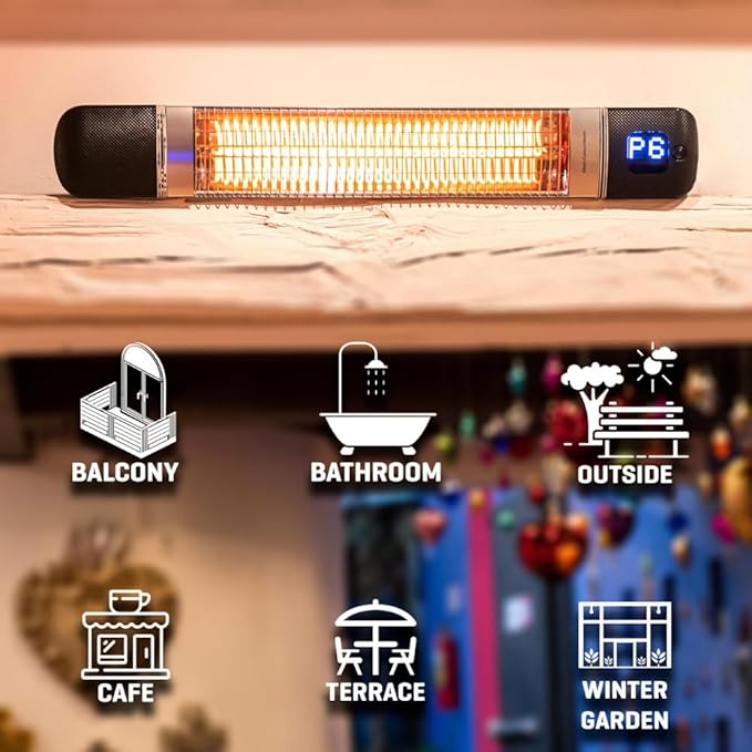 Infrared Patio Heater 2-in-1 Wall-Mounted & Freestanding Indoor & Outdoor 300/1500W – 6 Heat Modes – Instant Heat in 3 Sec – Protective Cover – IP55 Waterproof – Remote Control (BLACK/SILVER)