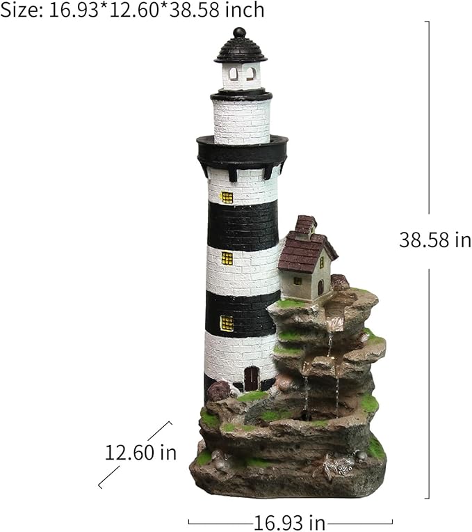 YZM Outdoor Lighthouse Waterfall Fountain 38.58" Tall 3-Tiered Rock Water Feature with LED Lights for Patio, Backyard, or Garden Décor