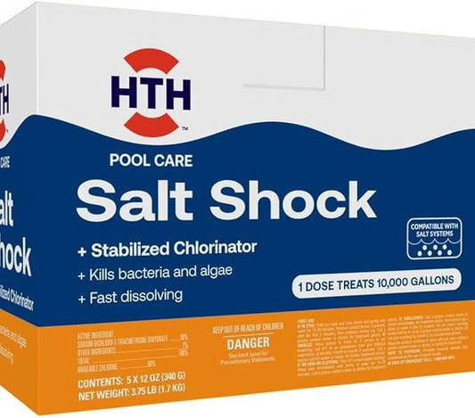 HTH 52047 Swimming Pool Care Salt Shock, Stabilized Chlorinator, 1 dose Treats 10000 gallons, 5x12oz Packets (Pack of 6) by HTH