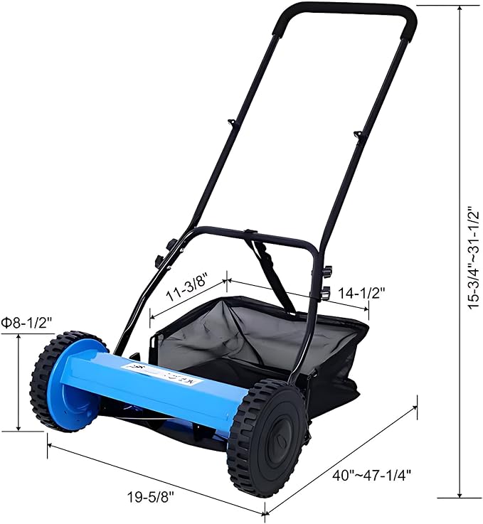 14-Inch 5-Blade Push Reel Lawn Mower with Grass Catcher, Blue - Adjustable Height Precision Cutting, Eco-Friendly Manual Lawn Mower with Durable Steel Blades for Lawn Maintenance - Image 4