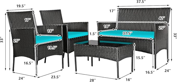 4 Pieces Patio Furniture Set, Outdoor Conversation Set with Ergonomic Curved Backrest, Patio Chair Set with Water-Resistant Cushion & Tempered Glass Table for Balcony,Porch (Turquoise)