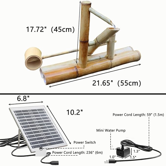 Bamboo Fountain with Pump & Solar Powered，Traditional Japanese Rocking Fountains Kit,Handmade Bamboo Water Fountain for Indoor Outdoor Backyard