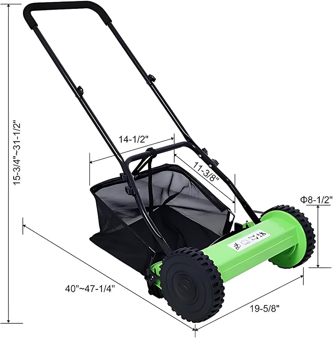 14-Inch 5-Blade Push Reel Lawn Mower with Grass Catcher, Green - Adjustable Height Precision Cutting, Eco-Friendly Manual Lawn Mower with Durable Steel Blades for Lawn Maintenance - Image 4