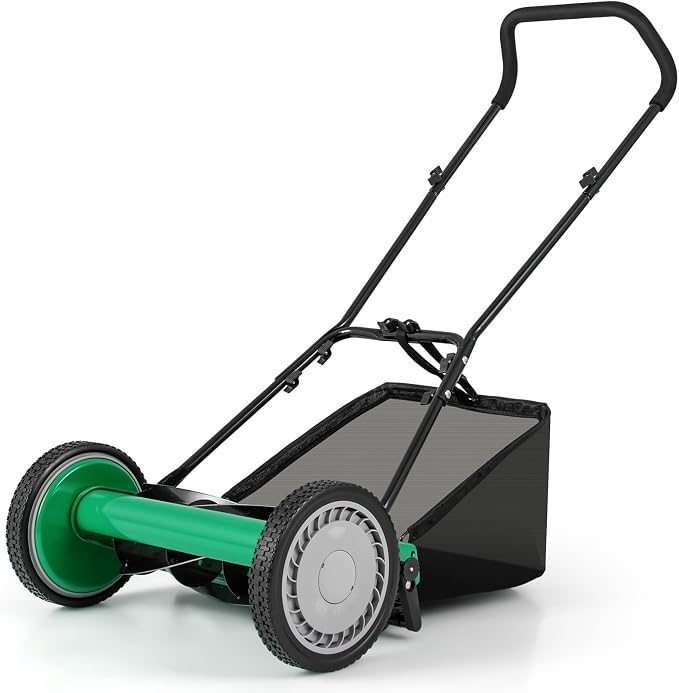 16" Manual Rear Mower, Push Lawn Mower with 5 Steel Blades, Adjustable Cutting Heights & Grass Catcher Bag, Walk-Behind Grass Cutter Lawn Sweeper for Garden, Park & Yard (Green) by TOOLSEMPRE