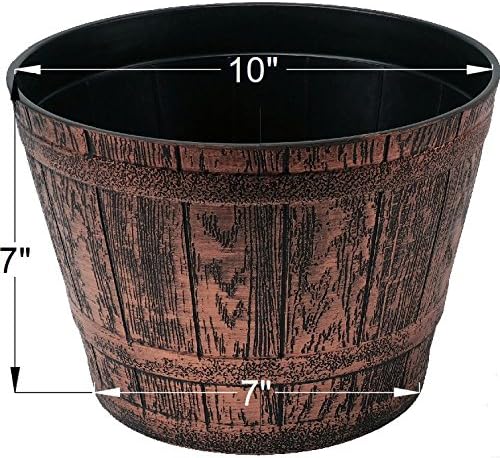 Sapphire Plant Pots Set of 2 Pack 10 inch, Copper Whiskey Barrel Planters with Drainage Holes. Plastic Decoration Flower Pots Imitation Wine Barrel Design (Copper-S)