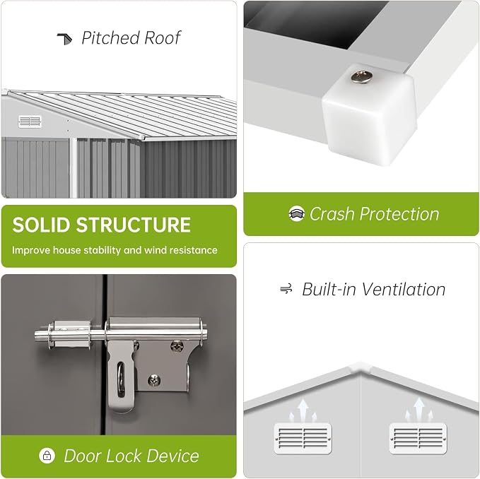 10X12FT Outdoor Metal Storage Shed, Lockable Weatherproof Garden Shed for Tools & Equipment, Durable Galvanized Steel with Sloping Roof & Ventilation, Ideal for Backyard, Patio & Garage Storage, Gray - Image 4