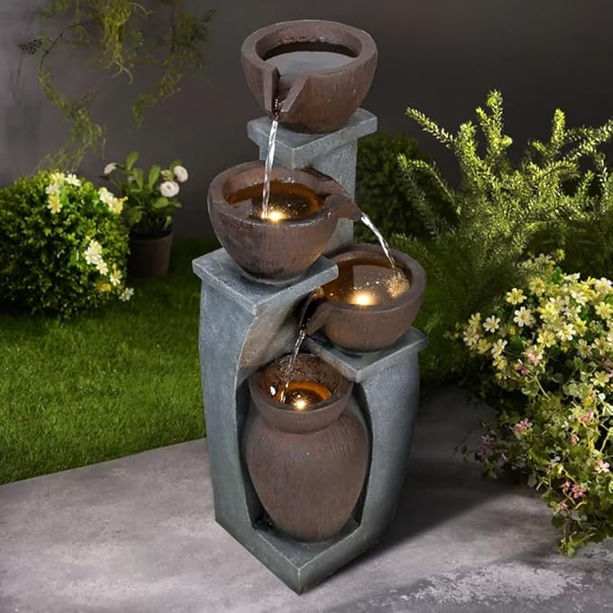 32.8" H 4-Tier Modern Outdoor Water Fountain - LED Lighted Indoor Outdoor Garden Fountains and Waterfalls for Garden, Patio, Backyard, Deck, Porch and Home Art Decor