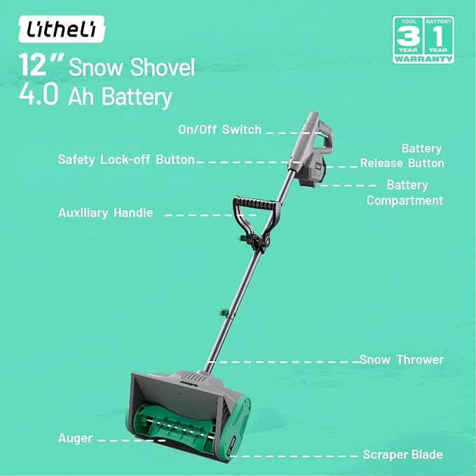 Litheli Cordless Snow Shovel 20V, Lightweight Electric Power Shovel for Snow Removal, Includes 4.0Ah Battery & Fast Charger, Easy to Use Snow Blower for Driveways, Sidewalks, Decks & Patios - Image 7
