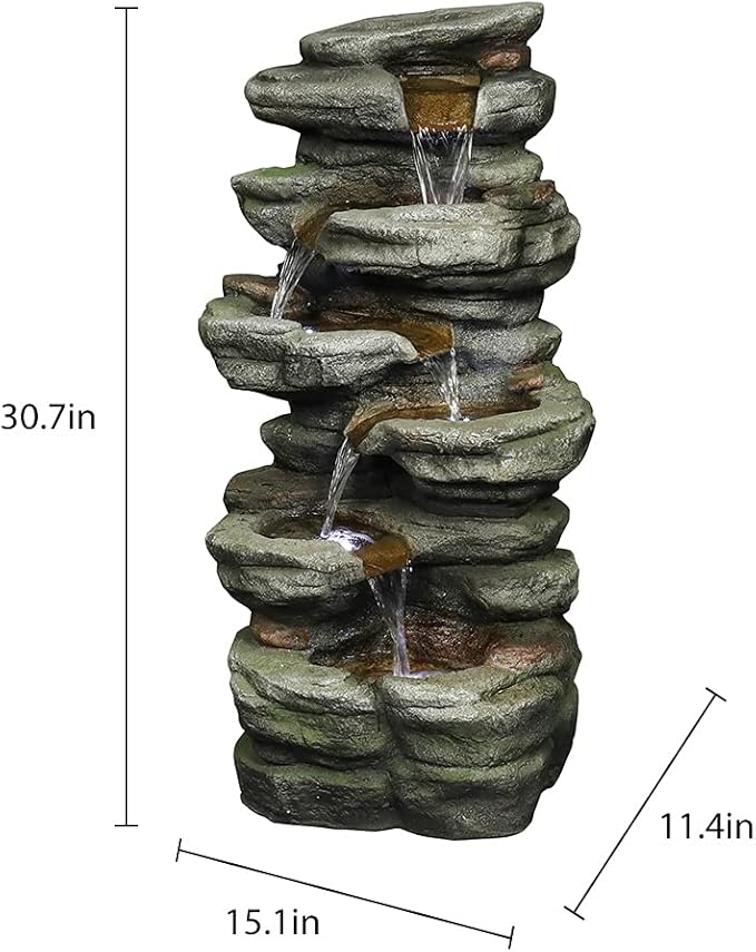 Naturefalls 30.7inches Outdoor Water Fountain - 6-Tiers Rock Waterfall Fountain with Led Lights for Home Garden Decor