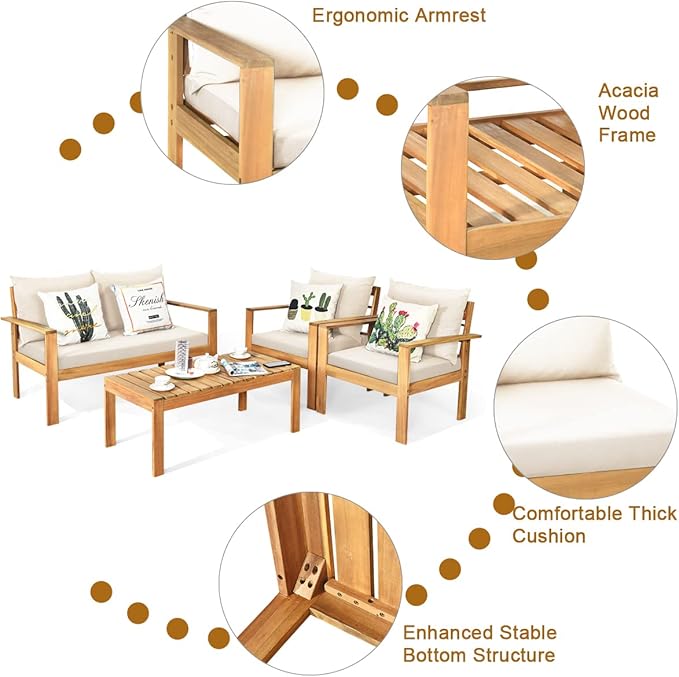 Tangkula Outdoor 4-Piece Acacia Wood Chat Set, 4 Seater Acacia Wood Conversation Sofa and Table Set with Water Resistant Cushions, Teak Finished (1, White)