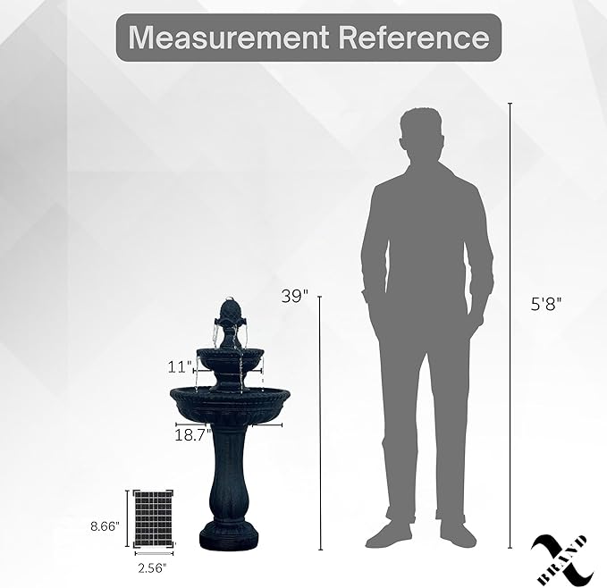XBrand 39" 2-Tier Outdoor Freestanding Solar Water Fountain - Classic Design, Black Resin Bird Bath with Pump - Ideal for Yard, Lawn and Garden, Porch Décor