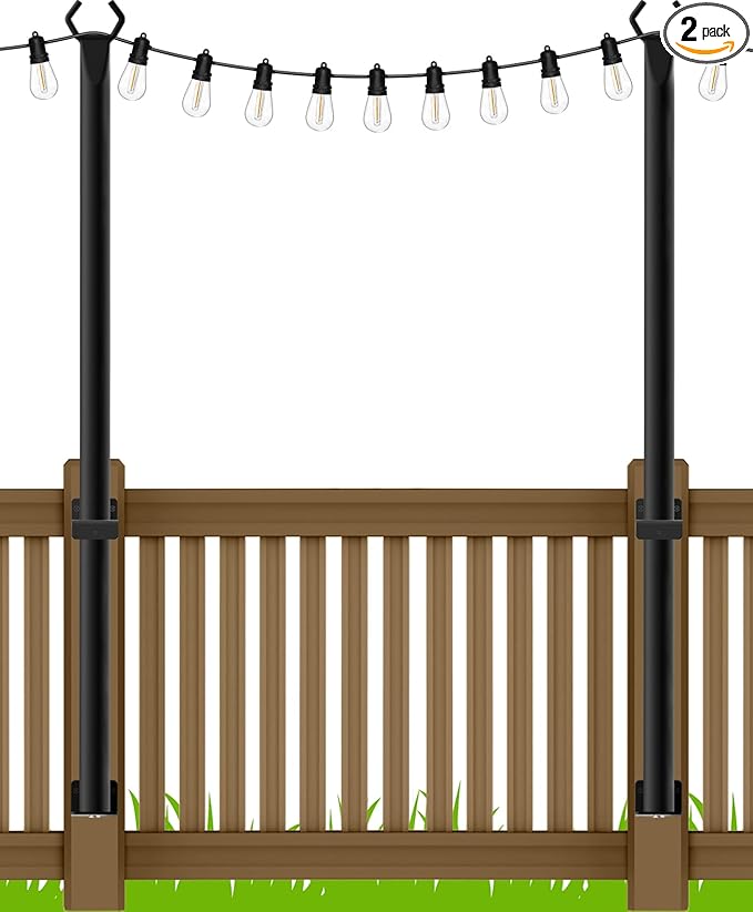 AILBTON 4.8Ft String Light Poles 2 Pack,Light Poles for Outside Lights,Outdoor with Fence Brackets Hanging Lights,Metal Stand Deck Patio Backyard