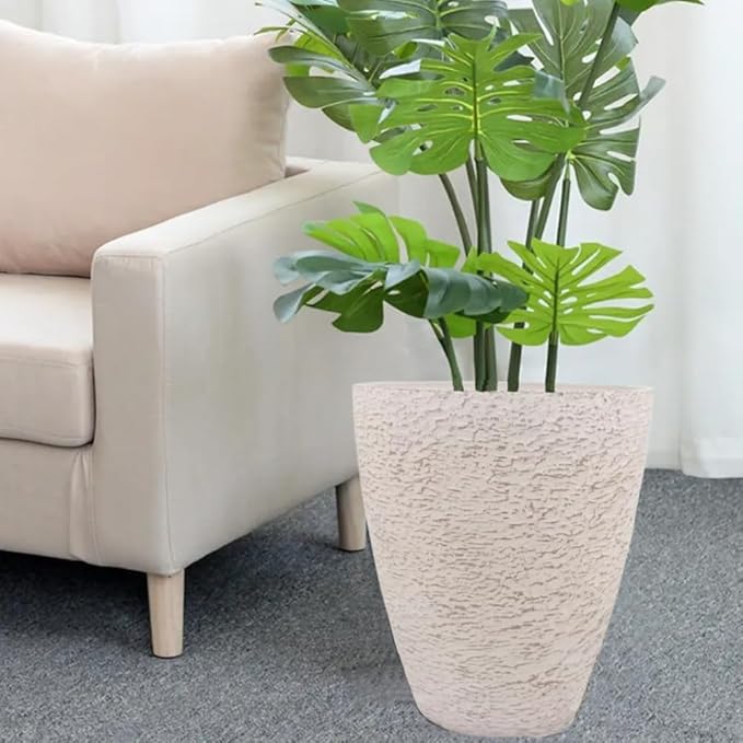 10 inch Garden Planter Lightweight Indoor Outdoor Pots with Drainage Hole for Potted Plants Flowers Greenery, Set of 2 (Beige Grain Texture)
