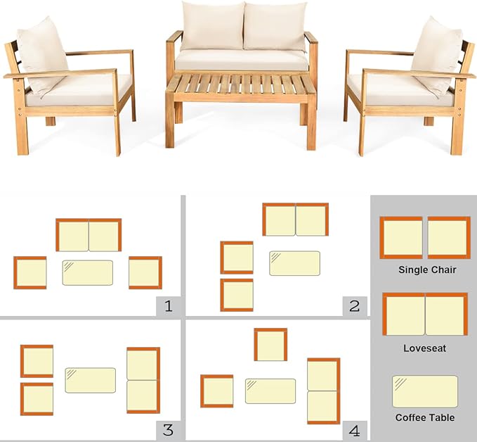Tangkula Outdoor 4-Piece Acacia Wood Chat Set, 4 Seater Acacia Wood Conversation Sofa and Table Set with Water Resistant Cushions, Teak Finished (1, White)