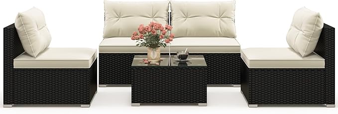 Tangkula 5 Piece Rattan Sofa Set, Patiojoy Outdoor Wicker Furniture Set with Seat & Back Cushions, Square Coffee Table, Patio Sectional Sofa Set for Backyard, Poolside, Garden