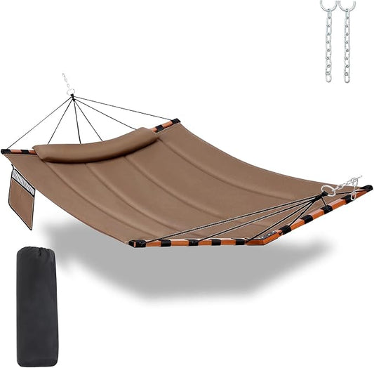 TegerDeger 12FT 2 Person Hammock Large Hammock 450LB Capacity with V Shaped Hardwood Spreader Bar & Nylon Rope for Outside, Patio, Garden, Backyard, Beach, Poolside - Brown by Tegerdeger