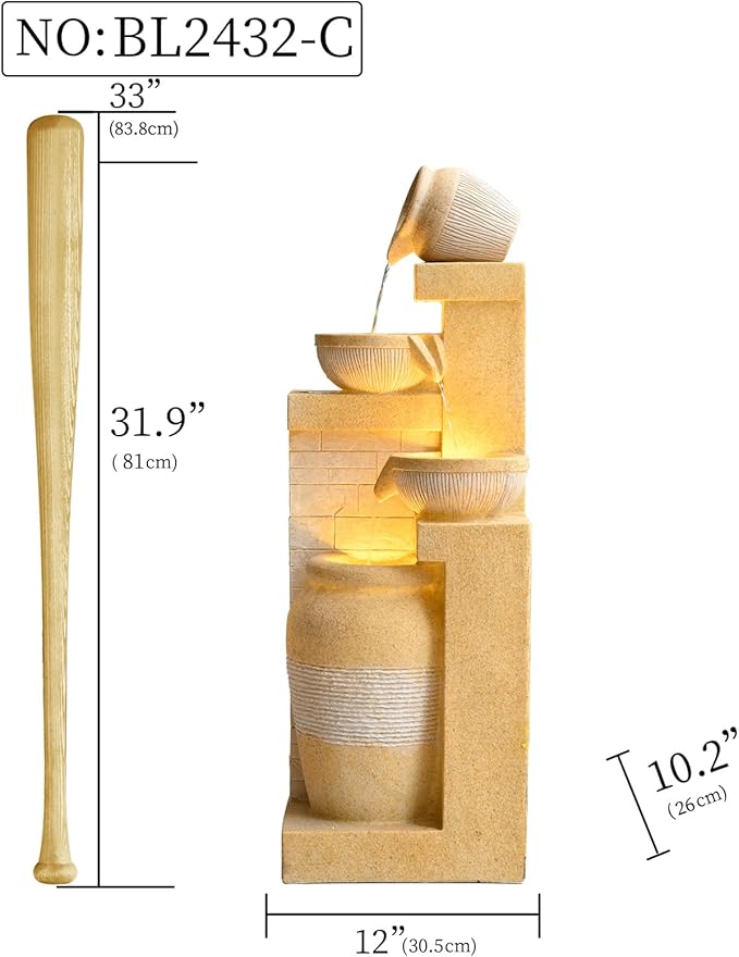 31.89" Outdoor Garden Water Fountain with Lights 4 Tiers Cascading Large Waterfall Floor Standing Fountain for Patio, Backyard, Deck, Porch and Home Art Decor