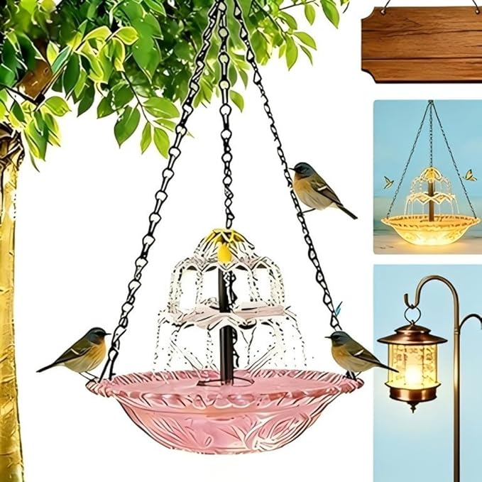 Hanging Solar Bird Bath Fountain 3 Layers,Solar Cascade Hanging Bird Bath Fountain,Hummingbird Water Fountain Solar with Solar Water Pump,Suitable for Gardens,Backyards,Patios,and Lawns. (Pink)