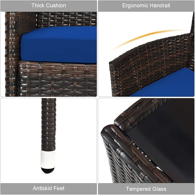 Tangkula 8 PCS Patio Rattan Conversation Set, Outdoor Wicker Furniture Set with Tempered Glass Coffee Table &Thick Cushion, Rattan Chair Wicker Set for Garden, Lawn, Poolside and Backyard (2, Navy)