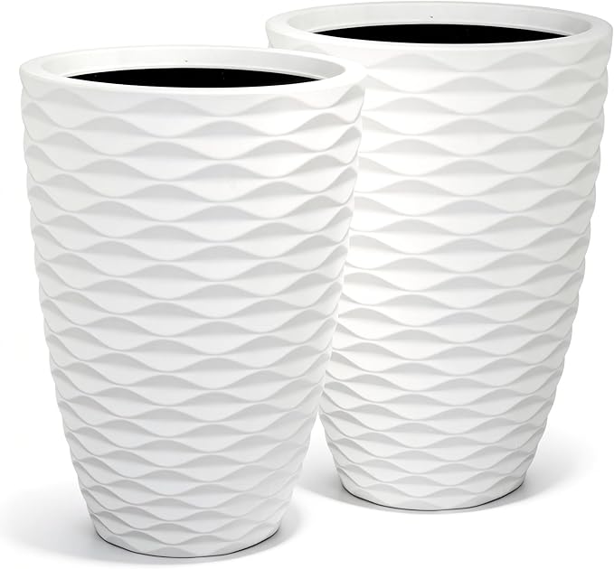 19" Nordic Wavy Tall Outdoor Planters, Set of 2 Ultra Durable Resin Large Flower with Drainage Holes, Weather-Resistant Outdoor Planters for Garden Patio Porch Balcony Living Room Office Decor
